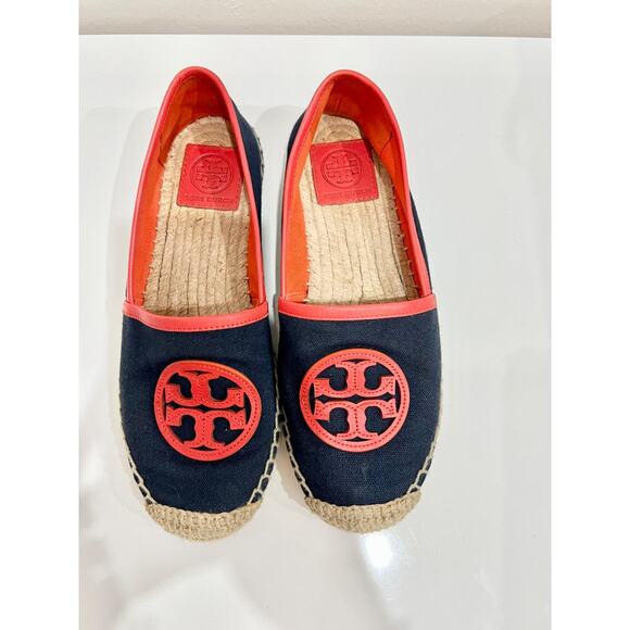 Tory Burch Angus Canvas Slip On Espadrilles Flat with Logo Blue/Orange Women 6.5 - Picture 1 of 7